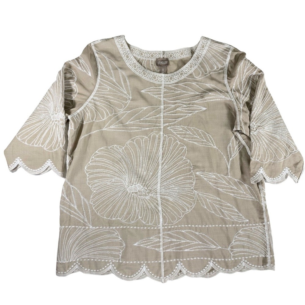 Chico's 3 Taupe White Embroidered Floral Blouse Scallop Hem 3/4 Sleeve